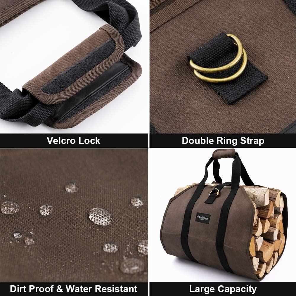 Amagabeli Firewood Carrier Bag Canvas Waxed Large Firewood Log Tote Carrying Indoor Bag Firewood Storage Tote Fire Place Log Holders Outdoor Fire Wood Carrier with Handless Dark Brown BG290
