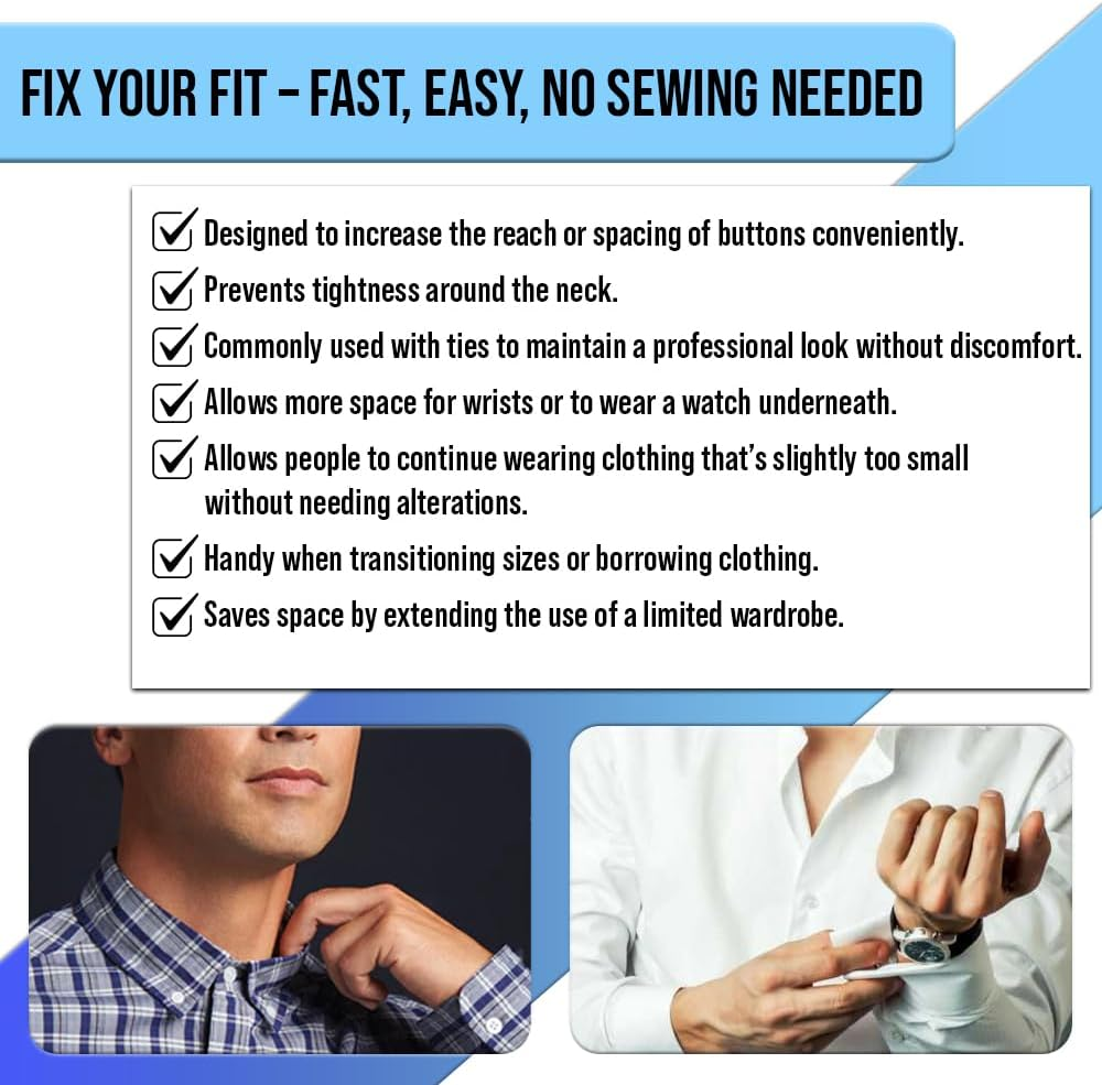 8 Pcs Button Extender Set for Wrist, Shirt, Collar, Polo, and Dress - Quick and Easy Fit Adjustment for Men and Women &ndash; No Sewing Required - by Mobi Lock image number 2