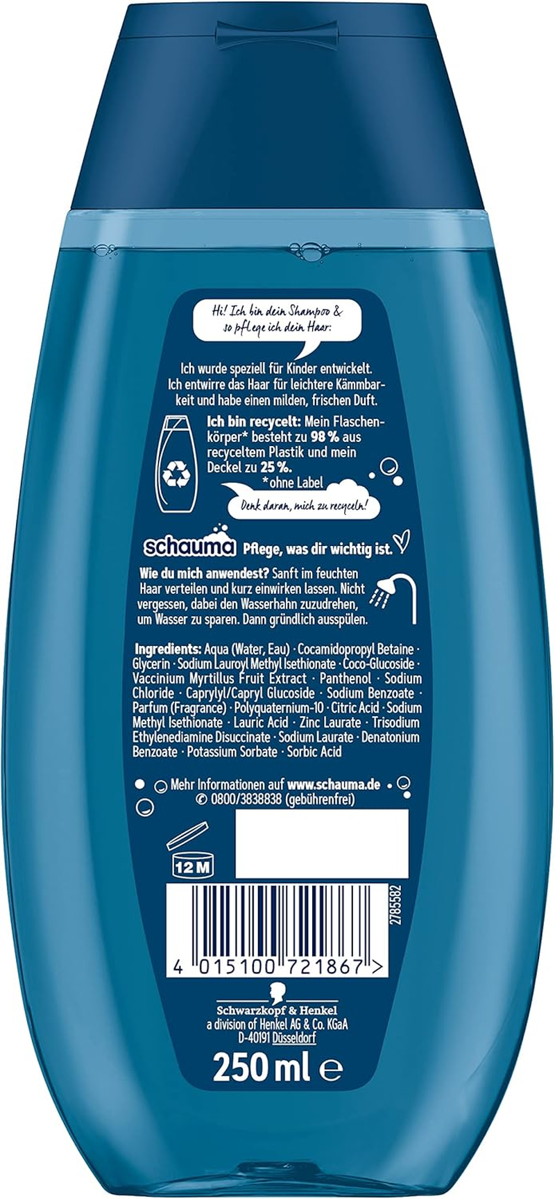 Schauma Schwarzkopf Kids Shampoo & Wash Gel Blueberry (1 X 250 Ml), Children'S Shampoo Detangles Hair for Easier Combing, with Mild & Fresh Fragrance - Himbeere image number 3