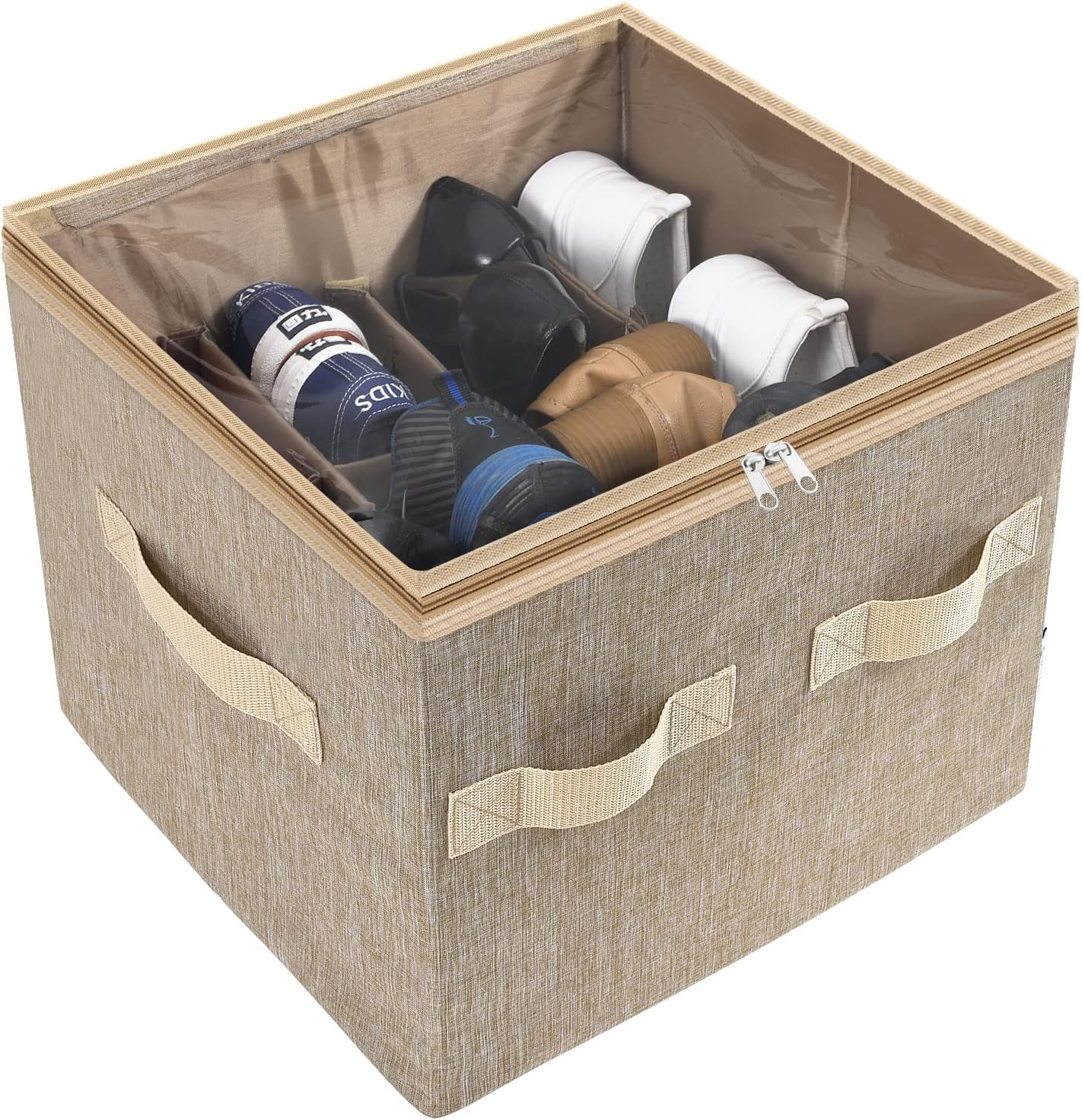 Moteph Shoe Organizer Closet Storage Solution with Clear Cover & Adjustable Dividers for Shoes, Handbags, Blankets, Linen, Clothing (Medium - 16 Pairs, Light Brown) image number 6