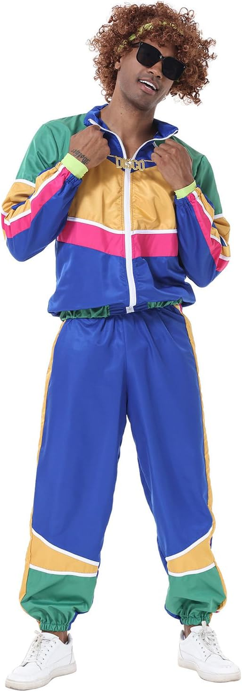 COREWO Mens 80S Tracksuit Retro Sportswear Adult Disco Tracksuits Hip Hop Sports Suit Colorblock Jacket Outfits Carnival Set