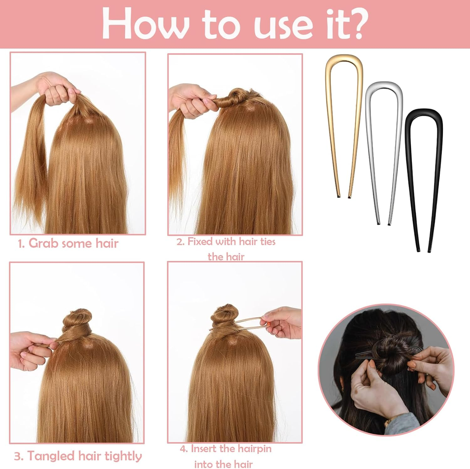 U Shape Hair Fork, 6 Pieces, Gold, Silver, Black, Elegant U Shape Hair Clips for Updo image number 4