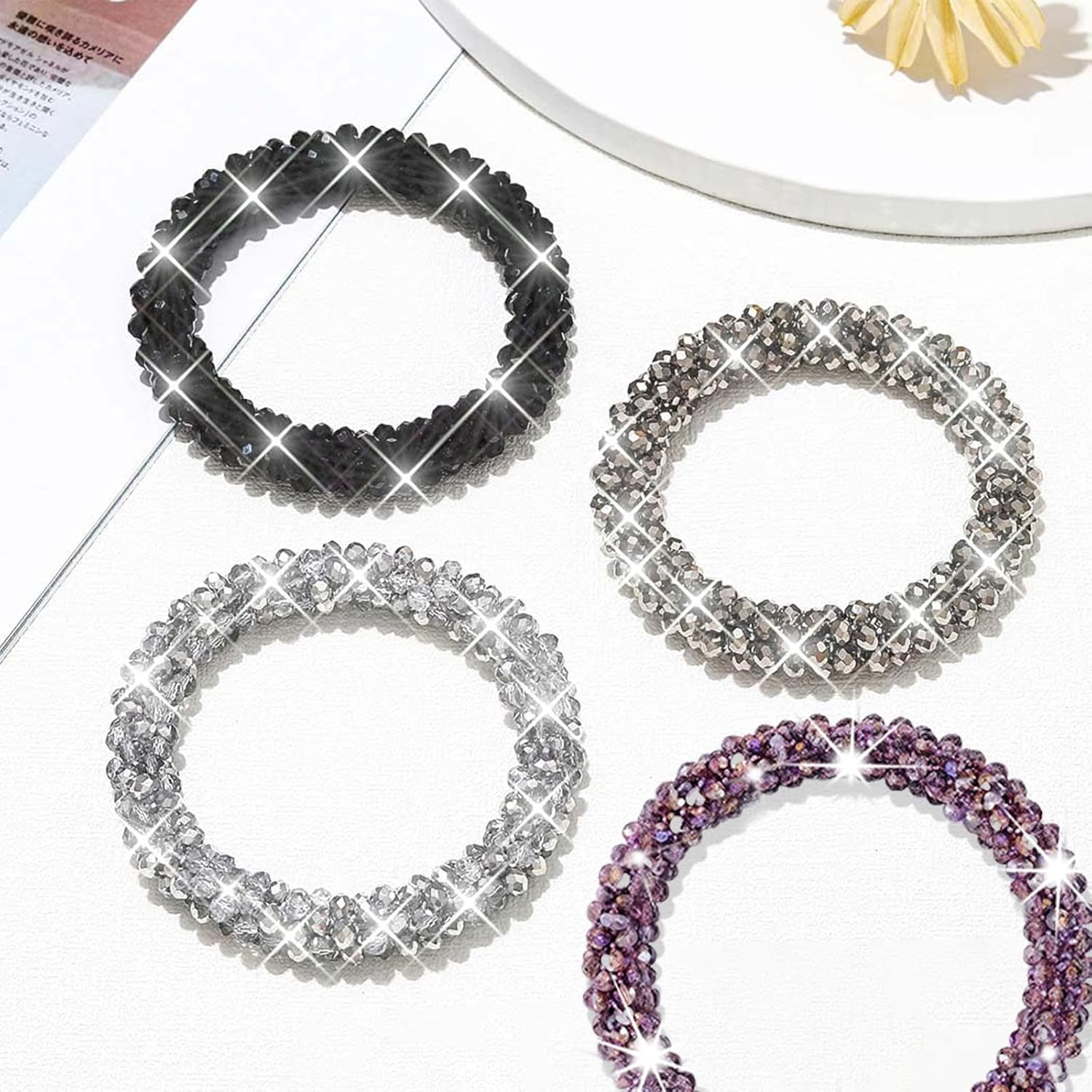 Charmburst Set of 4 Rhinestone Hair Bobbles Elastic Ponytail Holder Glitter Crystal Hair Accessories Beads Set Hair Bands Women and Girls image number 3