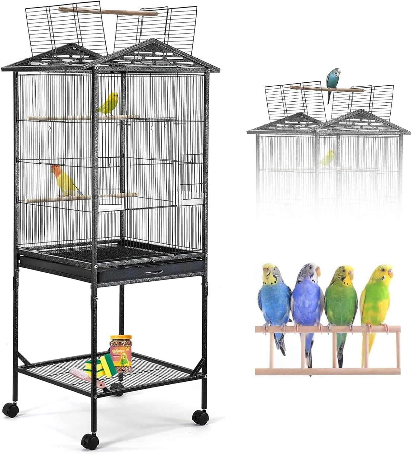 WAMBORY Wrought Iron Bird Cage with Open Top and Rolling Stand, Medium Small Standing Parrot Cage Withswing Wheels, Birdcage with Removable Tray & Feeding Bowls for Parrots Conure Cockatiel Lovebird
