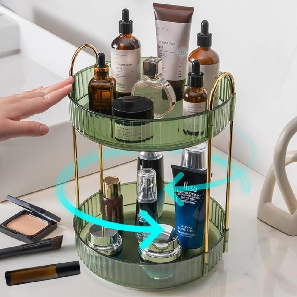 Fabselection Rotating Makeup Organizer, 2 Tier Cosmetic Storage Box Perfume Organizer Fits Cosmetic Vintage Storage, Bathroom Makeup Carousel Spinning Holder for Dresser Perfume, Lipsticks Clear image number 1