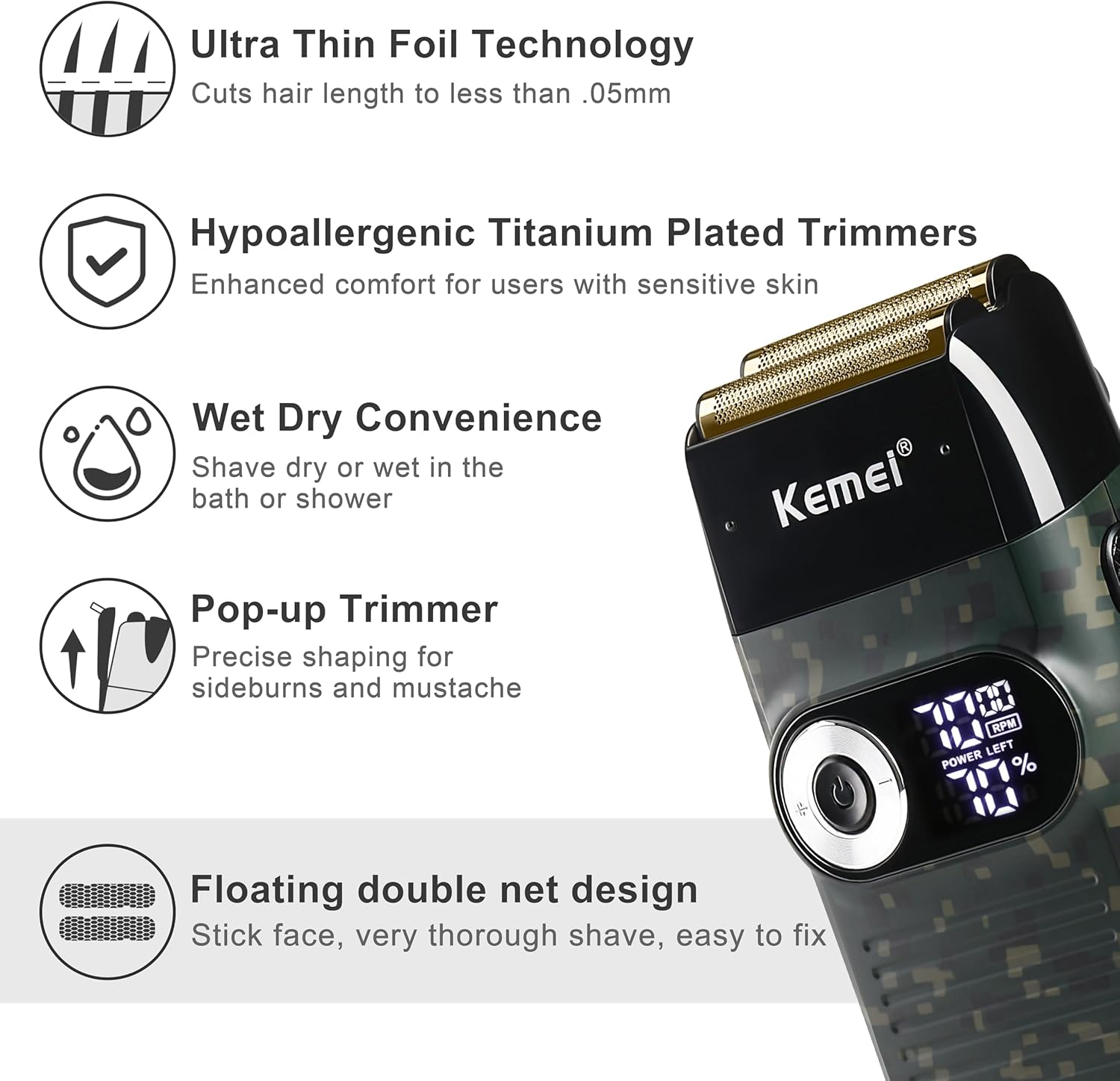 Kemei Cordless Metal Double Electric Shaver Razor for Men Close Electric Shavers, Type-C Rechargeable for Wet/Dry Shaving image number 4