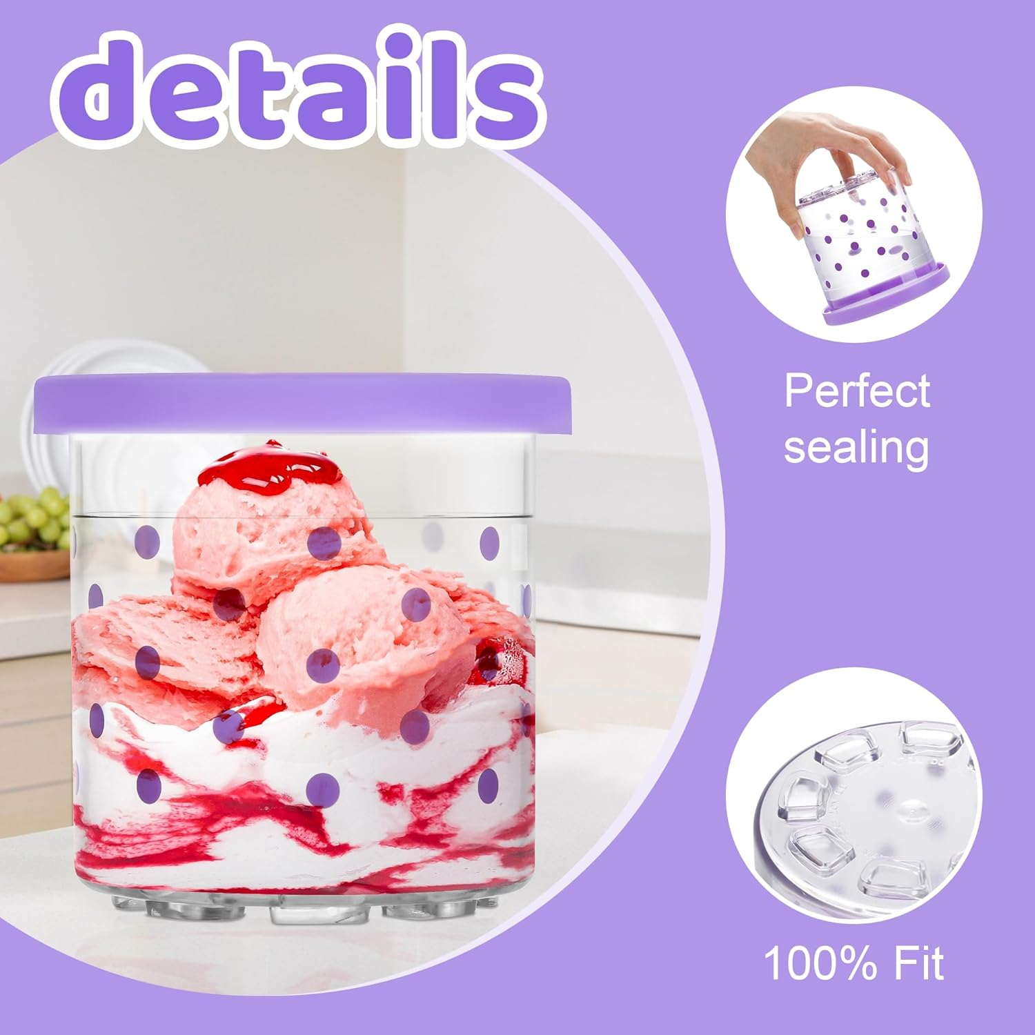 Generisch Compatible with Ninja Creami Ice Cream Maker NC300/NC301 Series - Set of 4 Ice Containers in Pink, Purple, Green and Yellow, BPA Free, Dishwasher Safe (Dot) image number 1