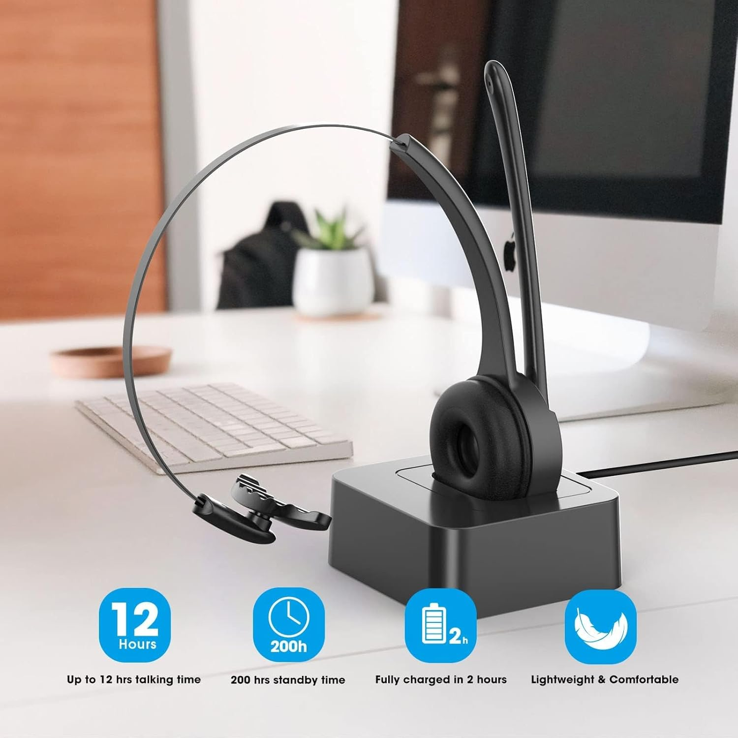 Bluetooth Headset with Microphone, Wireless On-Ear Noise Cancelling Headphones with Charging Station, Phone Headset Mute Button for Laptop, Skype, Call Center, Office, Trucker image number 5