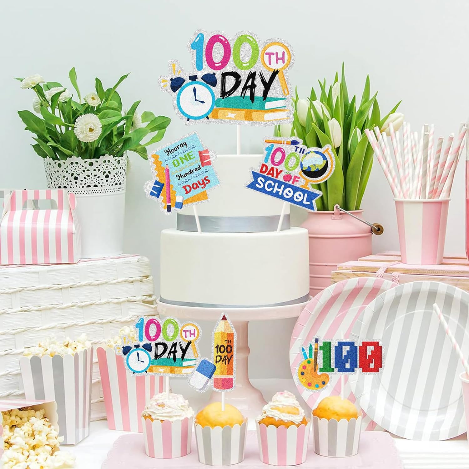 6Pcs 100 Days of School Cake Toppers - Happy 100 Days Cake Decor - Kids Kindergarten Preschool Primary High School Party Supplies