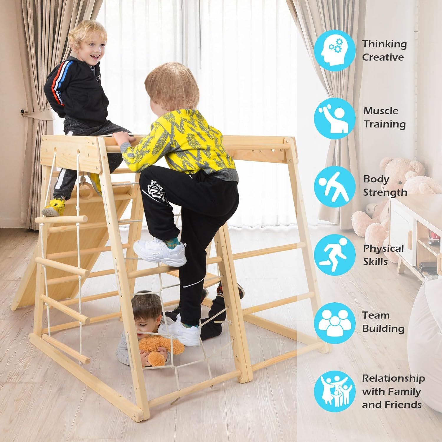 Indoor Playground,Toddler Wood Playset 9-In-1 with Slide,Basketball Frame, Swing, Jungle Gym, Swedish Ladder, Monkey Bars, Rope Ladder, Rock Wall Dome for Ages 1.5-8