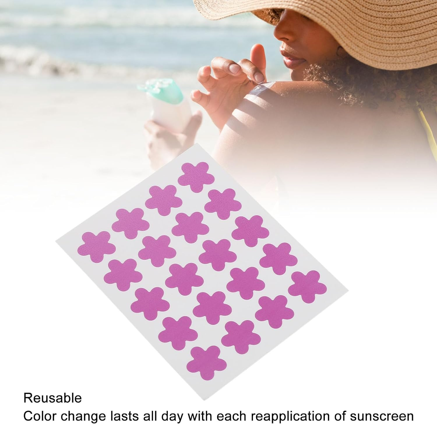 UV Detection Stickers for Sunscreen, Reusable Flower Shaped Sunblock Patches with UV Reapply Reminder, 120PCS Sunscreen Patches, Reusuable Sunblock Patches image number 6