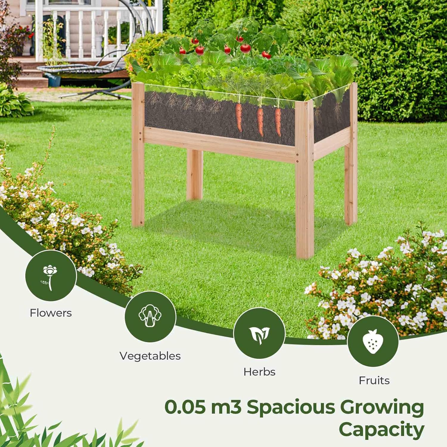 Costway Wooden Raised Garden Bed, 75Cm X 46Cm X 61Cm Elevated Wood Planter Box with Legs, Drainage Holes, Acrylic Panels, Garden Planter for Fruits Vegetables Flowers Herbs, Natural