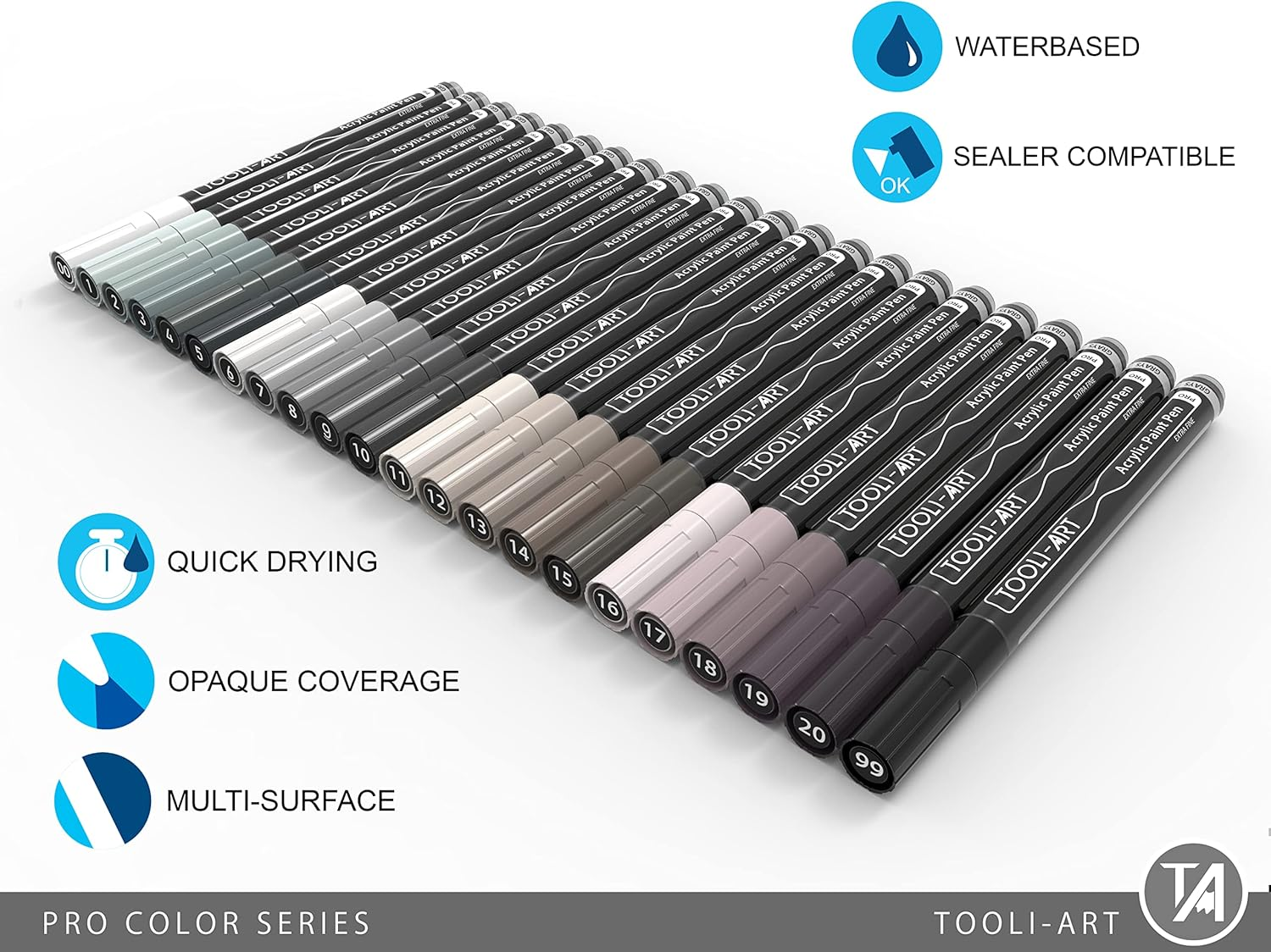 Acrylic Paint Pens 22 Assorted Gray Pro Color Series Markers Set 0.7Mm Extra Fine Tip for Rock Painting, Glass, Mugs, Wood, Metal, Canvas, DIY Projects, Outlining, Detailing. Non Toxic, Waterbased image number 3