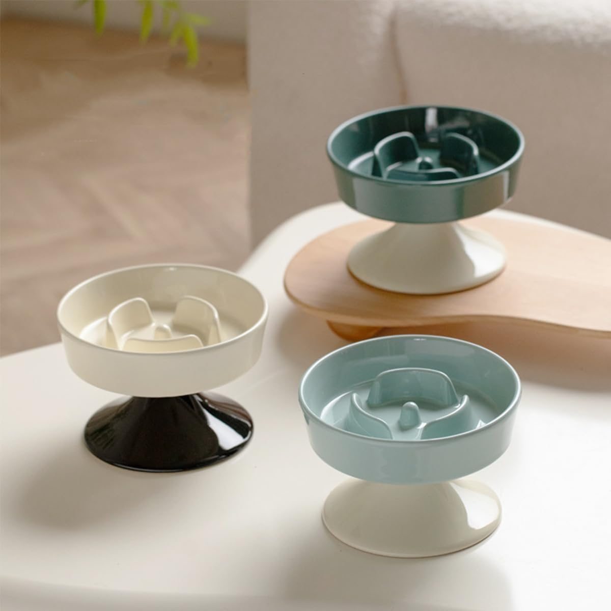 Ceramic Slow Feeder Cat Bowl, Raised Puzzle Feeder, anti Vomiting Cat Slow Feeder, Elevated Food Bowl, Whisker Friendly Cat Bowl (Green,White) image number 4