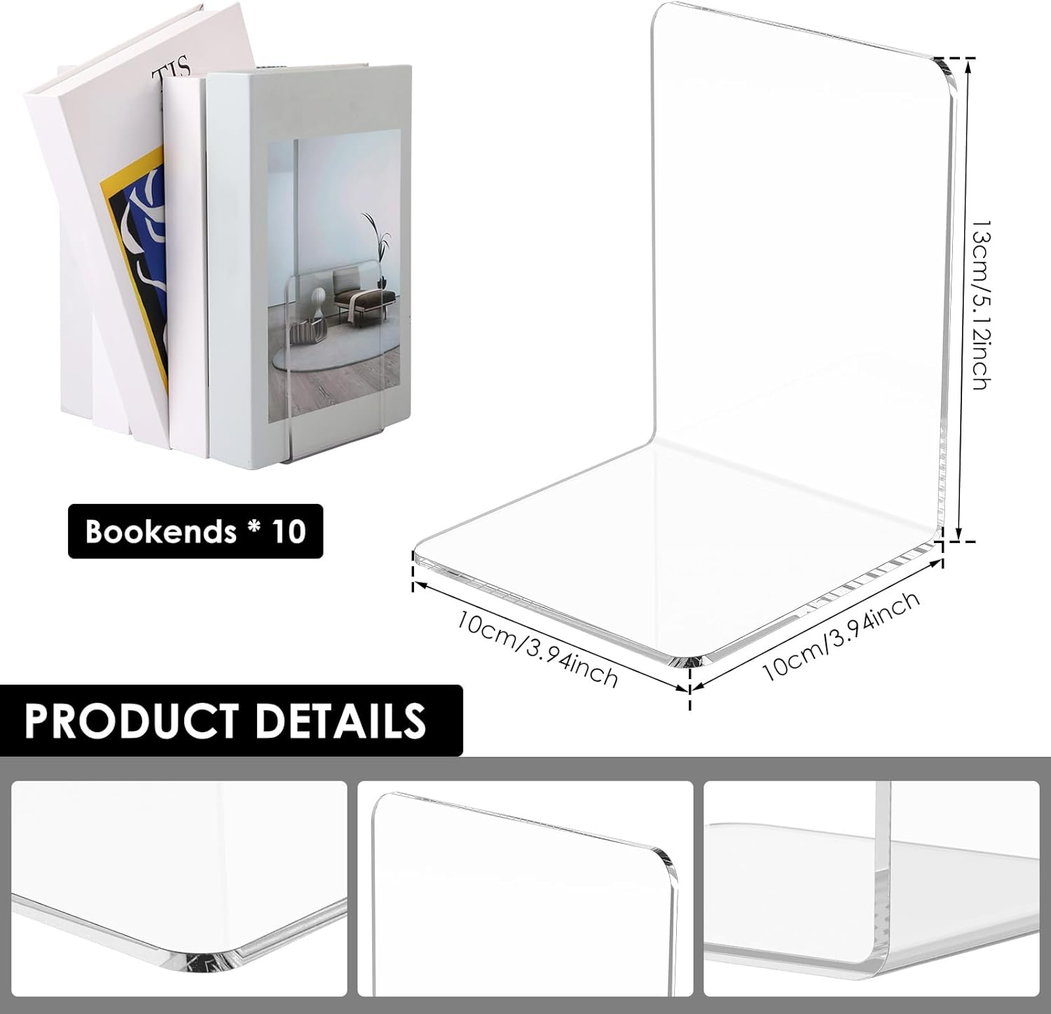 20Pcs Clear Acrylic Bookends L-Shaped Book Ends Organizer Bookshelf Decor for Bedroom Library Office School (Clear, 20Pcs) image number 3