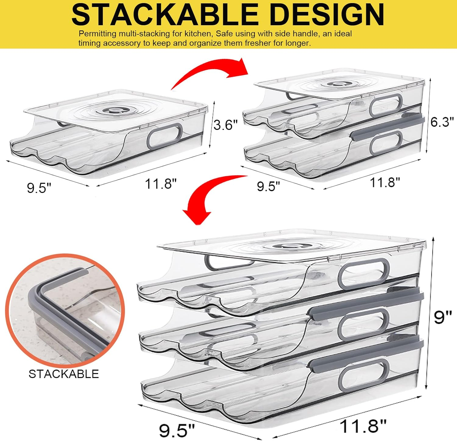 Egg Holder for Refrigerator, Automatically Rolling Egg Storage Container for Refrigerator,Large Capacity Egg Organizer for Fridge with Lid,Clear Plastic Egg Dispenser,Egg Tray & Bin -3 Layer image number 6