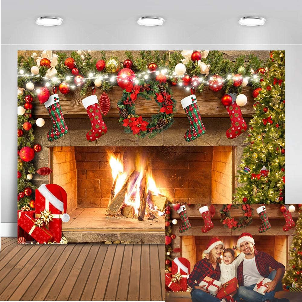 Mocsicka Christmas Fireplace Backdrop 7X5Ft Merry Christmas Fireplace Family Picture Party Decorations Photobooth Backdrops Xmas Socks Trees Burning Firewoods Photography Background