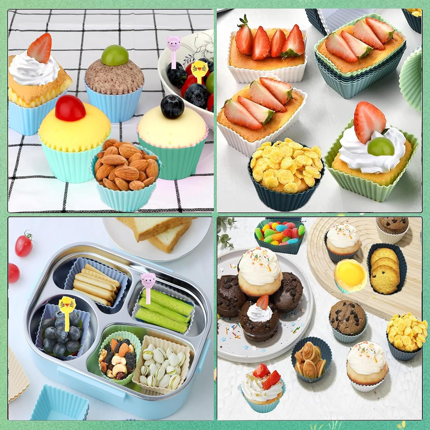 Silicone Cupcake Liners, 48 Pack Reusable Baking Cups, Non-Stick, Heat-Resistant, Round, Square, Rectangular, Green, Perfect for Birthdays, Baby Showers, Social Occasions