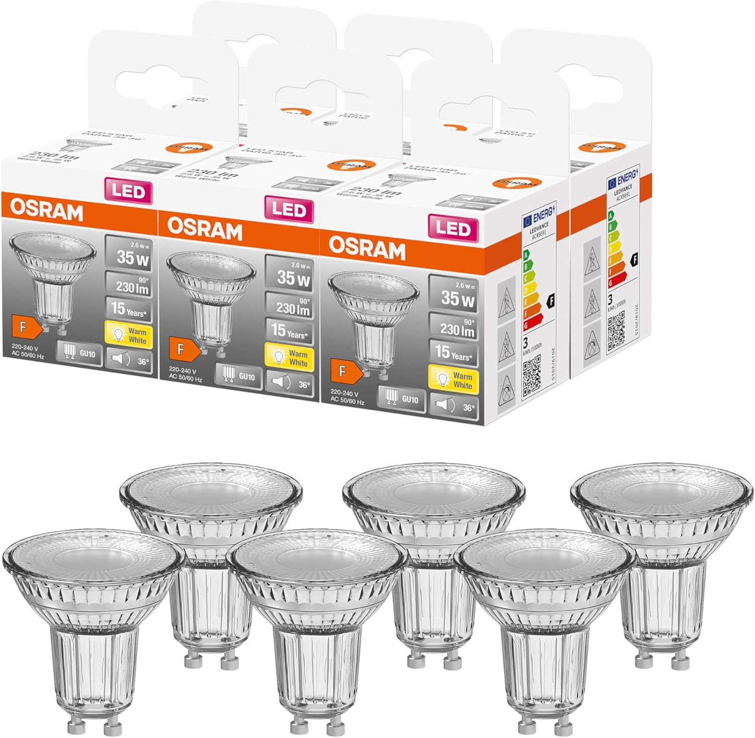 OSRAM Lamps LED Star PAR16, GU10 Socket, Not Dimmable, Warm White, Replaces a Conventional 35 Watt Bulb, 36 Degree Beam Angle, Pack of 6 image number 4