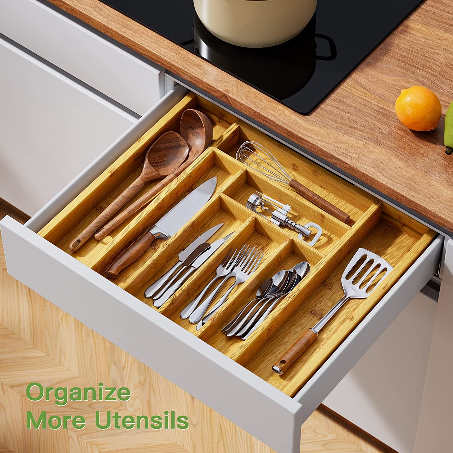 Pipishell Bamboo Silverware Organizer, Expandable Cutlery Tray, Utensil Drawer Organizer in Kitchen for Spoons Forks Knives, Multipurpose Use, Natural, Large image number 3