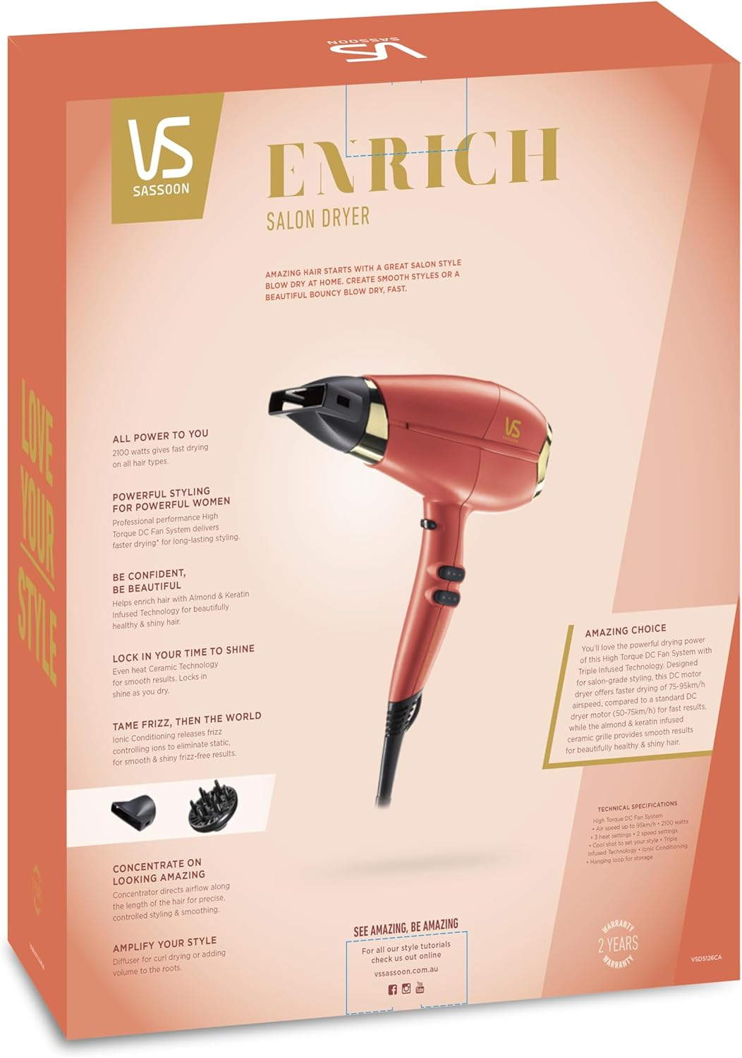 VS Sassoon Enrich Salon Hair Dryer, HTDC Motor, 2100 Watts, 3 Heat & 2 Speed Settings, Cool Shot, Triple Infused Technology, Almond, Keratin & Ceramic for Smooth Shiny Results. Includes Concentrator & Diffuser. Coral (VSD5126CA)