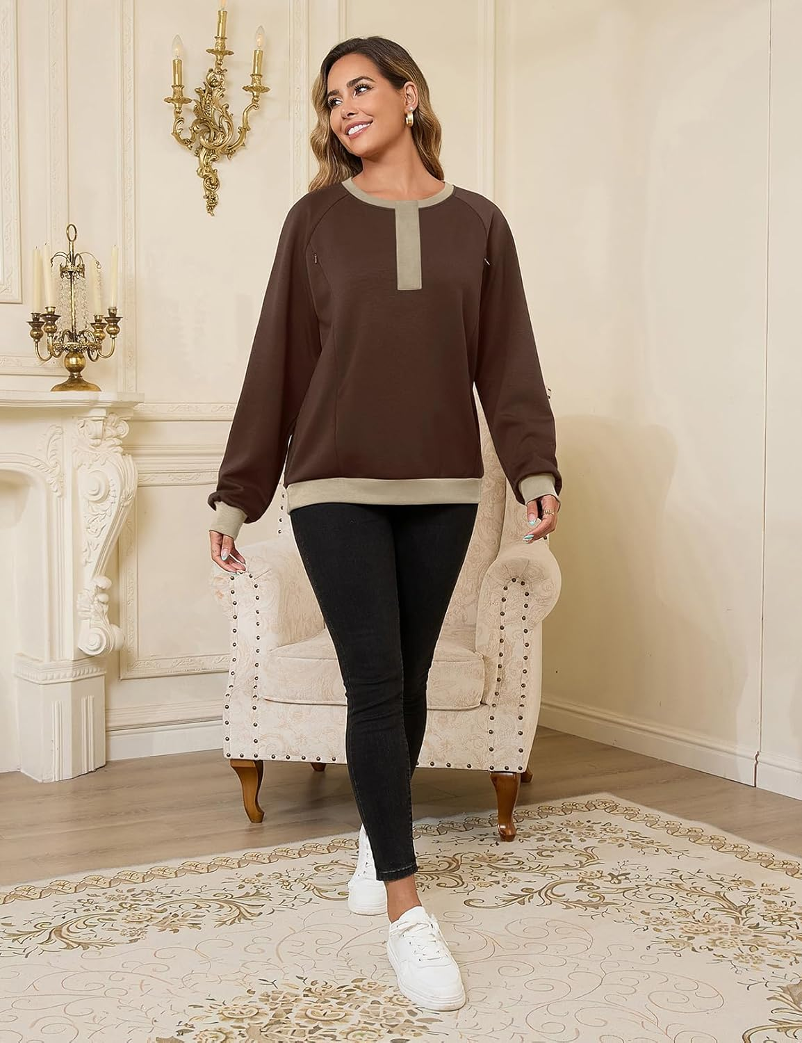 Bhome Nursing Sweatshirt Maternity Breastfeeding Shirts Hidden Zipper Long Sleeve Nursing Tops Loose Fit with Pockets