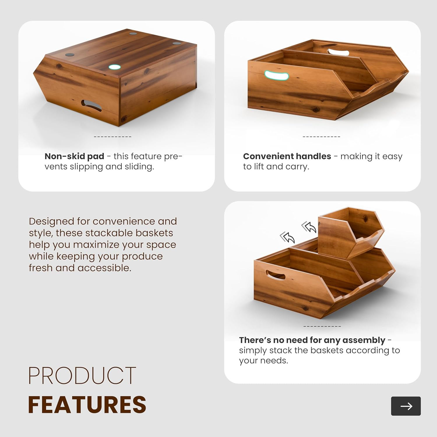 HOLANA Onion and Potato Storage Bins - Acacia Wood Pantry Baskets Organization and Storage - Wooden Stackable Baskets for Bread, Fruit, Vegetable - Onion Basket for Kitchen Counter (Patent Pending) - Acacia image number 4