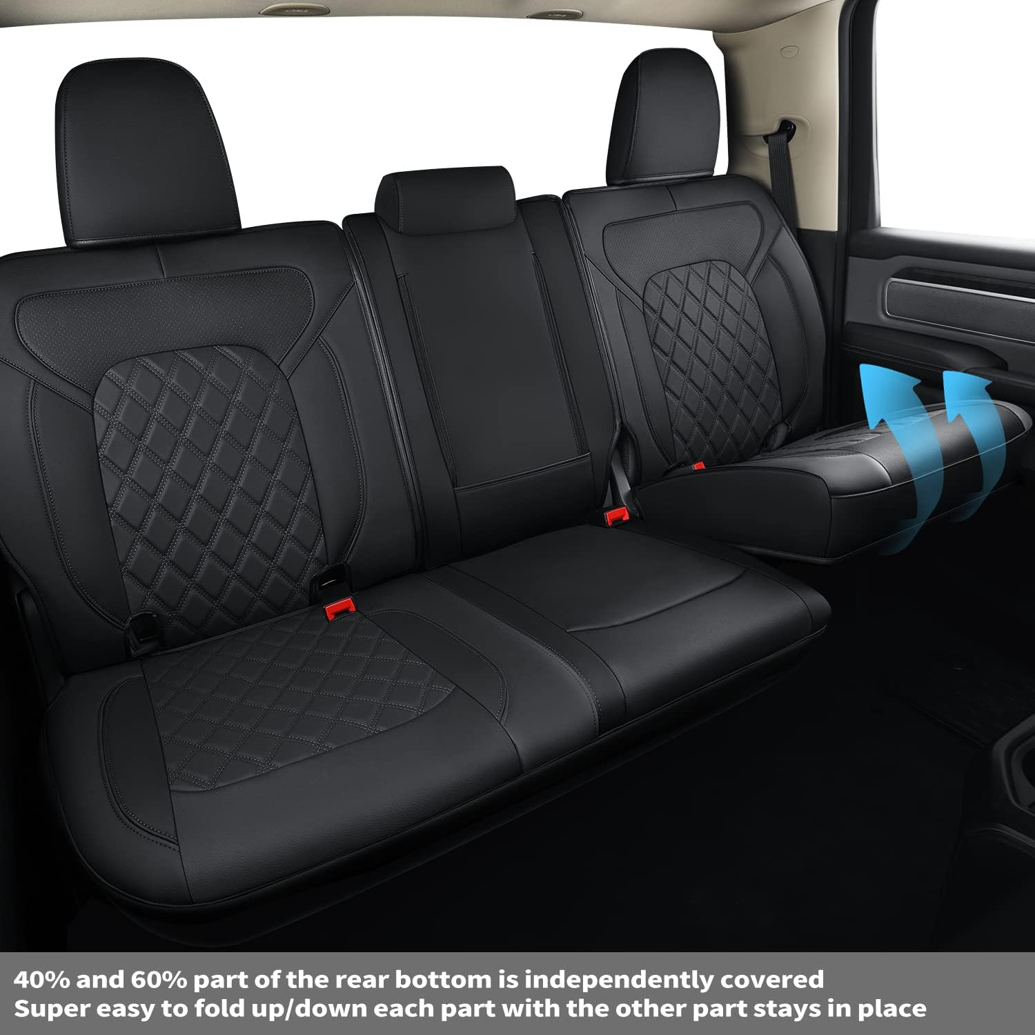 Feelit Fit Ram 1500 2019 2020 2021 2022 2023 2024 2025 2026 Crew Cab Back Bench Seat Covers Waterproof, Custom Fit Ram 4/6 Split Rear Flat Seats with Unremovable Middle Headrest (01-Rear) image number 4