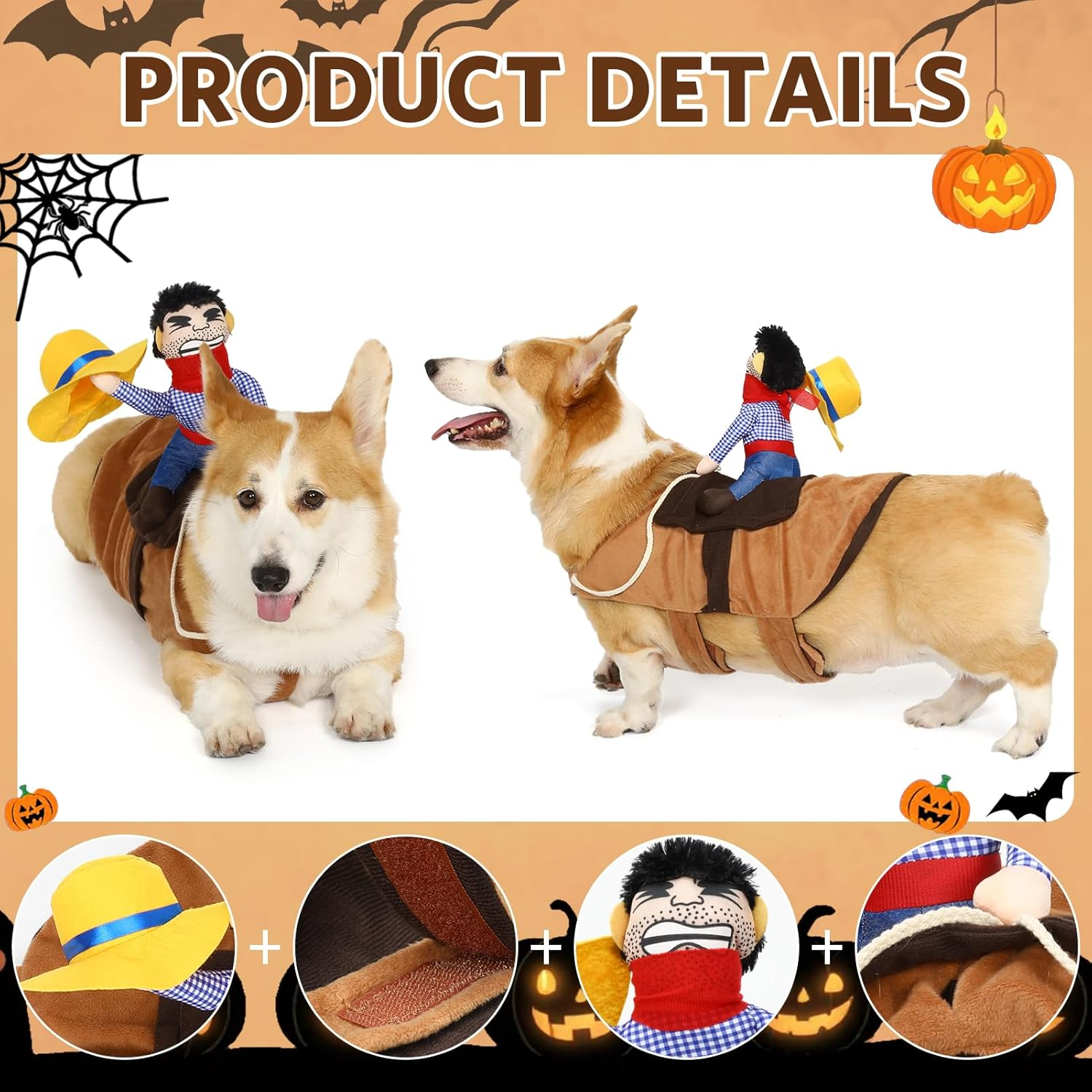 T2Y Cowboy Rider Dog Costume - Halloween Dog Costumes for Medium Dogs, Dogs Clothes Knight Style with Doll and Hat for Halloween Day, Suitable for Corgi, Pug, Frenchie, Dachshund【M】