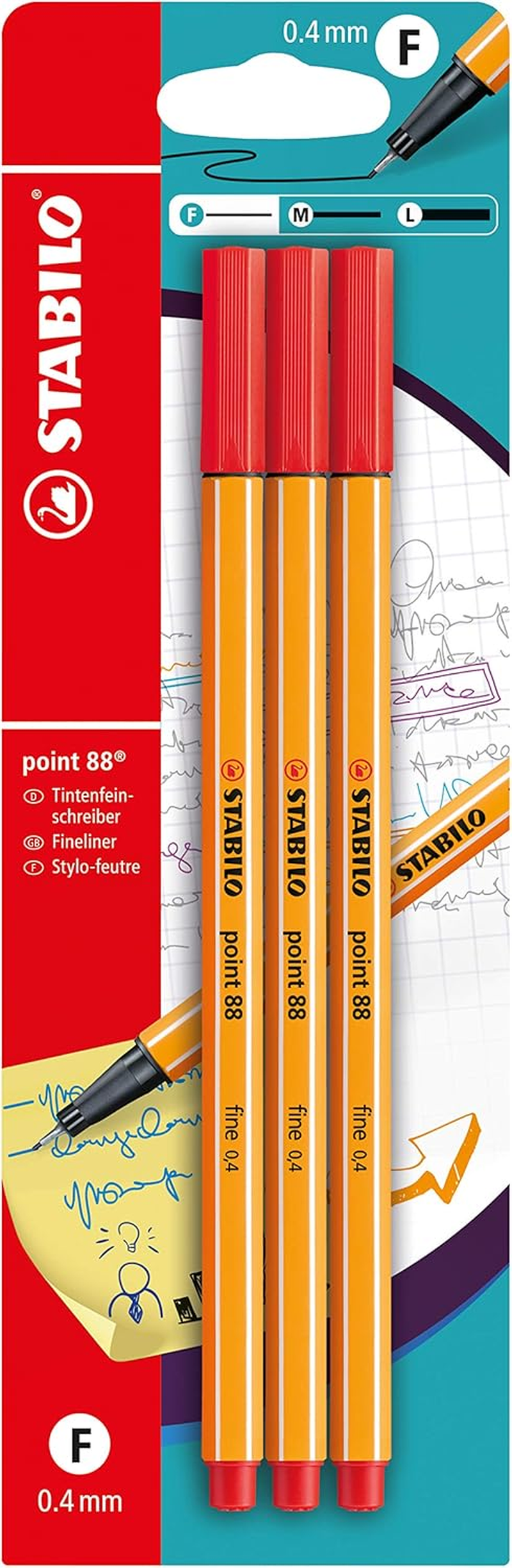 STABILO Point 88 Fineliner Pen Red 3Pcs in a Blister