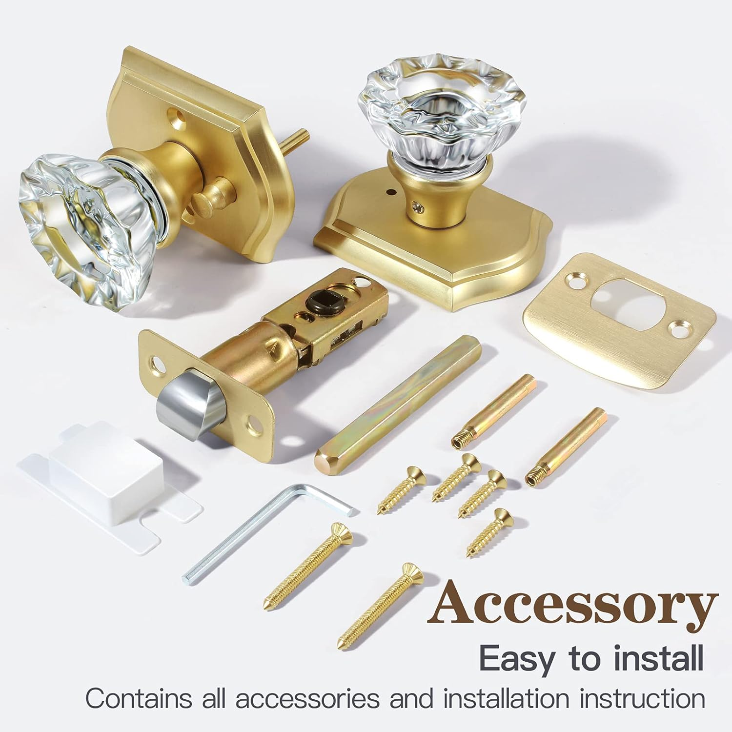 CLCTK Premium Glass Door Knobs, Bathroom Bedroom Door Knobs with Lock, Privacy Gold Door Knob Interior, Satin Brass