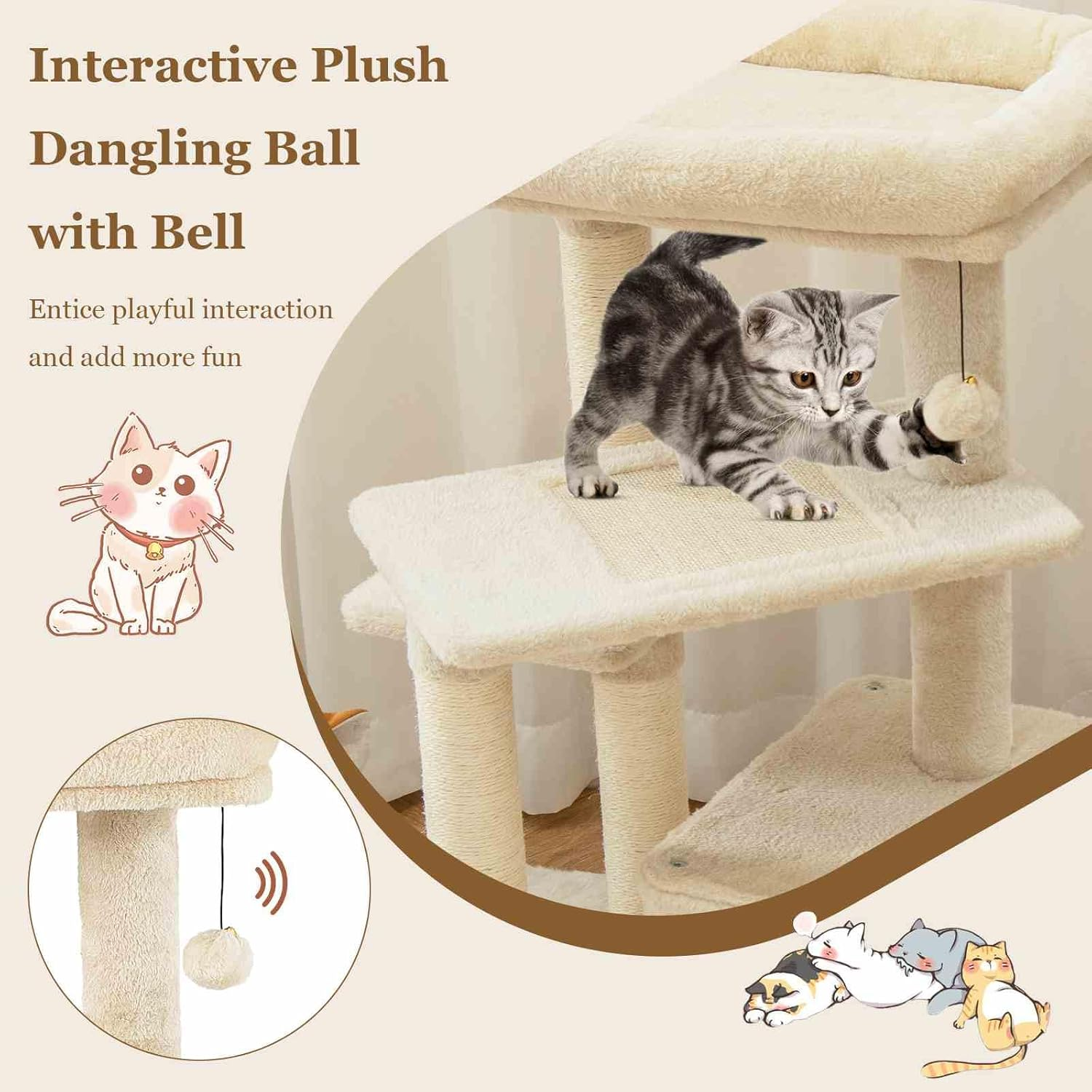 Costway Indoor Plush Cat Tree, Multilevel Cat Tower Condo with Flock, Hanging Toy, Scratching Sisal Posts, Cozy Perch, 4-Tier Cat Climbing Activity Center with Private Condo for Home and Office image number 5