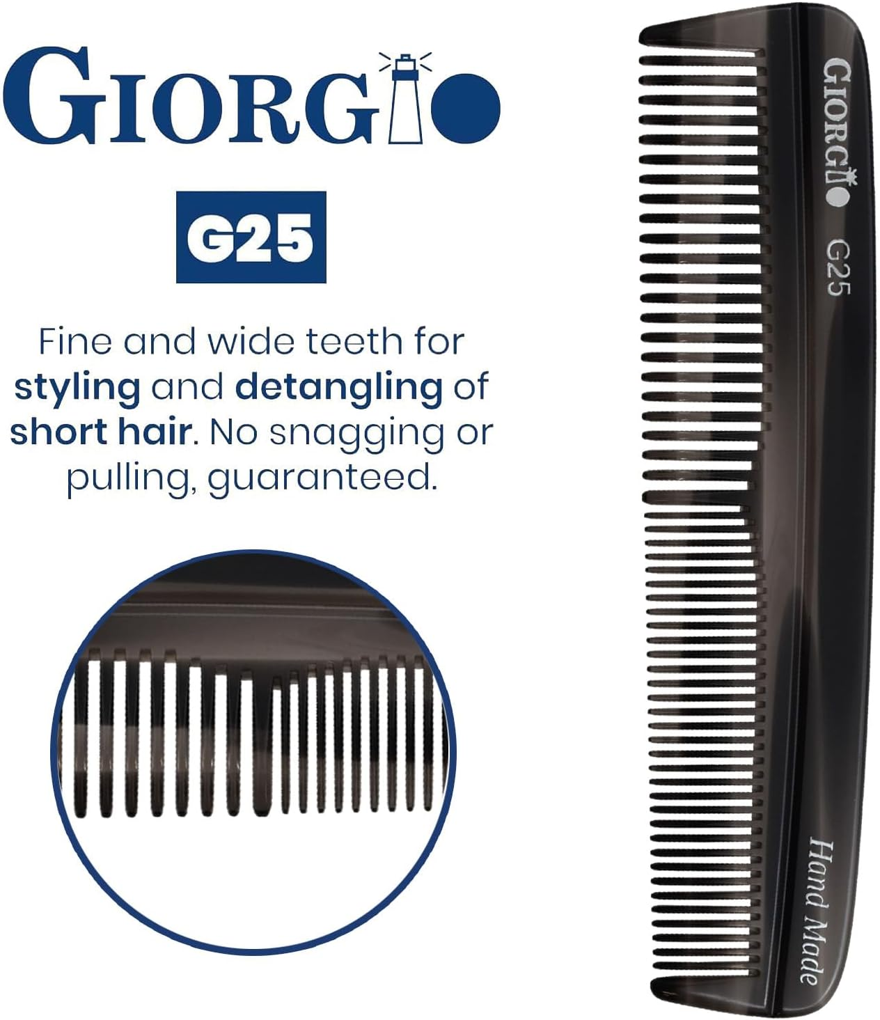 Giorgio G25 Finetooth and Widetooth Pocket Comb - Hair Styling Comb for Men and Women, Handmade Beard Combs for Men, Barber Combs, for Grooming,Saw Cut and Polished (Black Graphite)