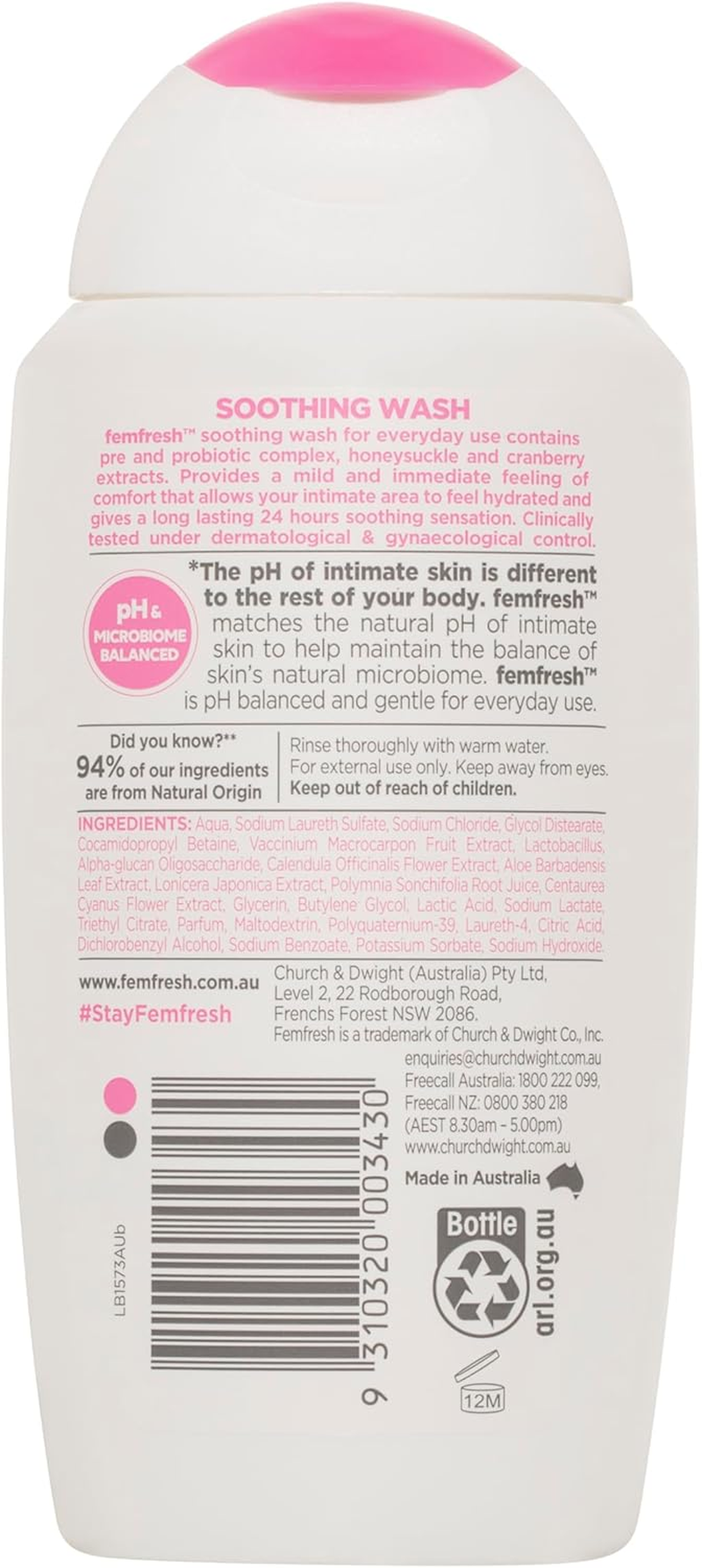 Femfresh Soothing Wash - Shower Gel - with Cranberry & Honeysuckle Extracts - PH & Microbiome Balanced - 94% Natural Ingredients - Hypoallergenic & Soap Free - Gentle Feminine Wash - 250Ml image number 4