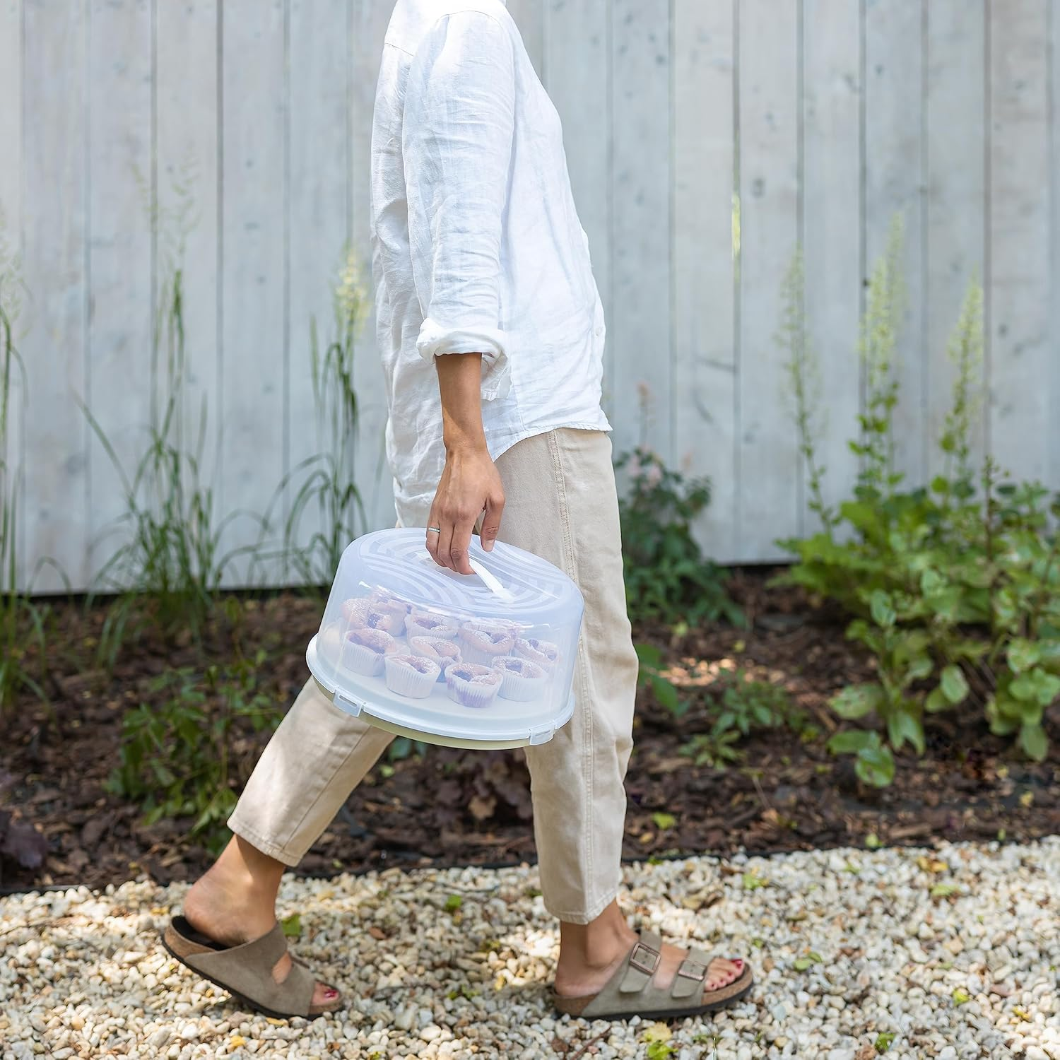 Branq Home Essential Joy round Cake Container with High Cover and Practical Carry Handle, Plastic (PP) Bpa-Free, Sage Colour/Transparent, 334 X 156 Mm image number 2