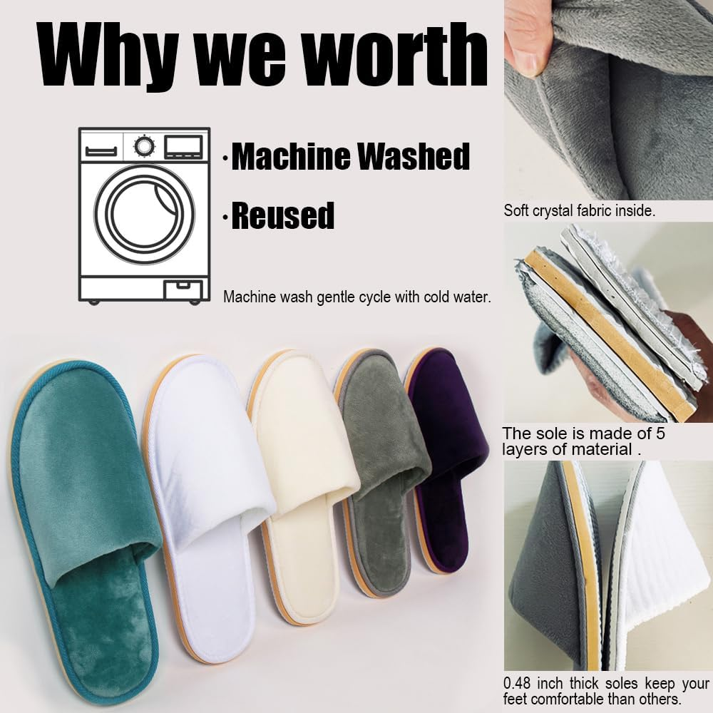 6 Pairs Spa Slippers, Washable & Reusable Closed Toe Disposable Indoor Hotel Slippers, Soft Home Coral Fleece Slipper,Super Soft Crystal Velvet, Padded Sole for Comfort- for Guests, Hotel, Travel ,Wedding - Blue+Cream 12Pairs image number 5