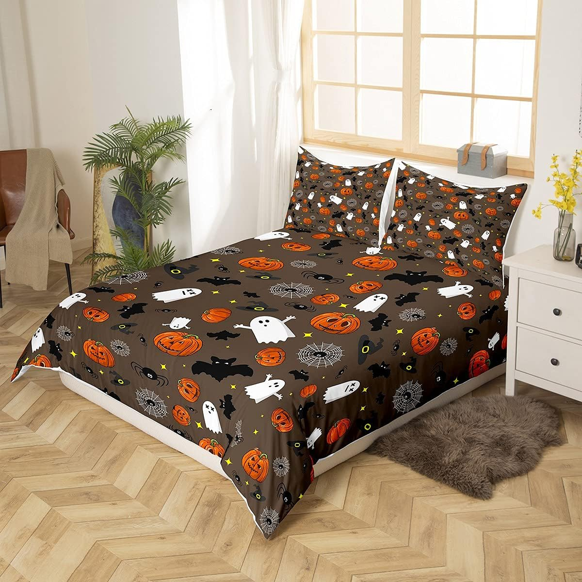Loussiesd Boys Skull Duvet Cover Pumpkin Lantern Bedding Set for Kids Teens Halloween Horror Ghosts Bats Decor Brown Quilt with 2 Pillowcases 3Pcs Bedding Double Boys image number 6