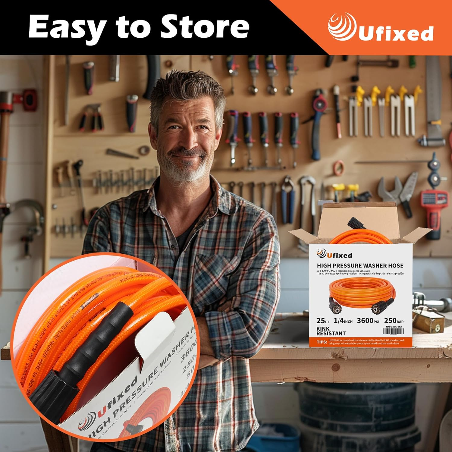 1/4" Pressure Washer Hose 25FT M22-14,3600Psi,Quick Connect,360&deg; Swivel,Kink-Resistant,Suit for Main Pressure Washer,Orange-Red image number 6