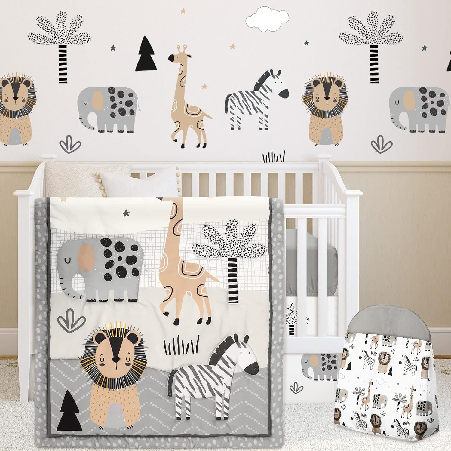 4 Piece Woodland Forest Animals Crib Bedding Set, Including Jungle Safari Crib Skirt, Blanket, Nursery Bed Sheet and Diaper Stacker, Soft Neutral Nursery Standard Size Baby Bedding for Baby Girls Boys image number 1