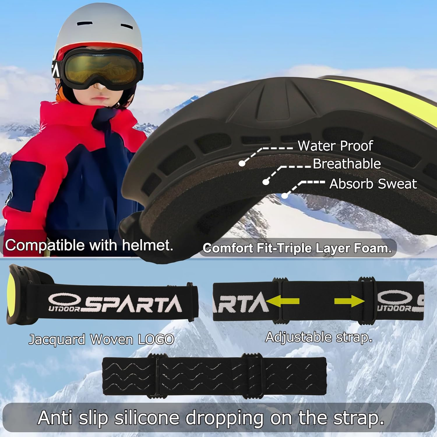 OUTDOOR SPARTA Kids Ski Goggles, Kids Snowboarding Goggles for Boys Girls Toddler Age 3-14 with 100% UV Protection image number 6