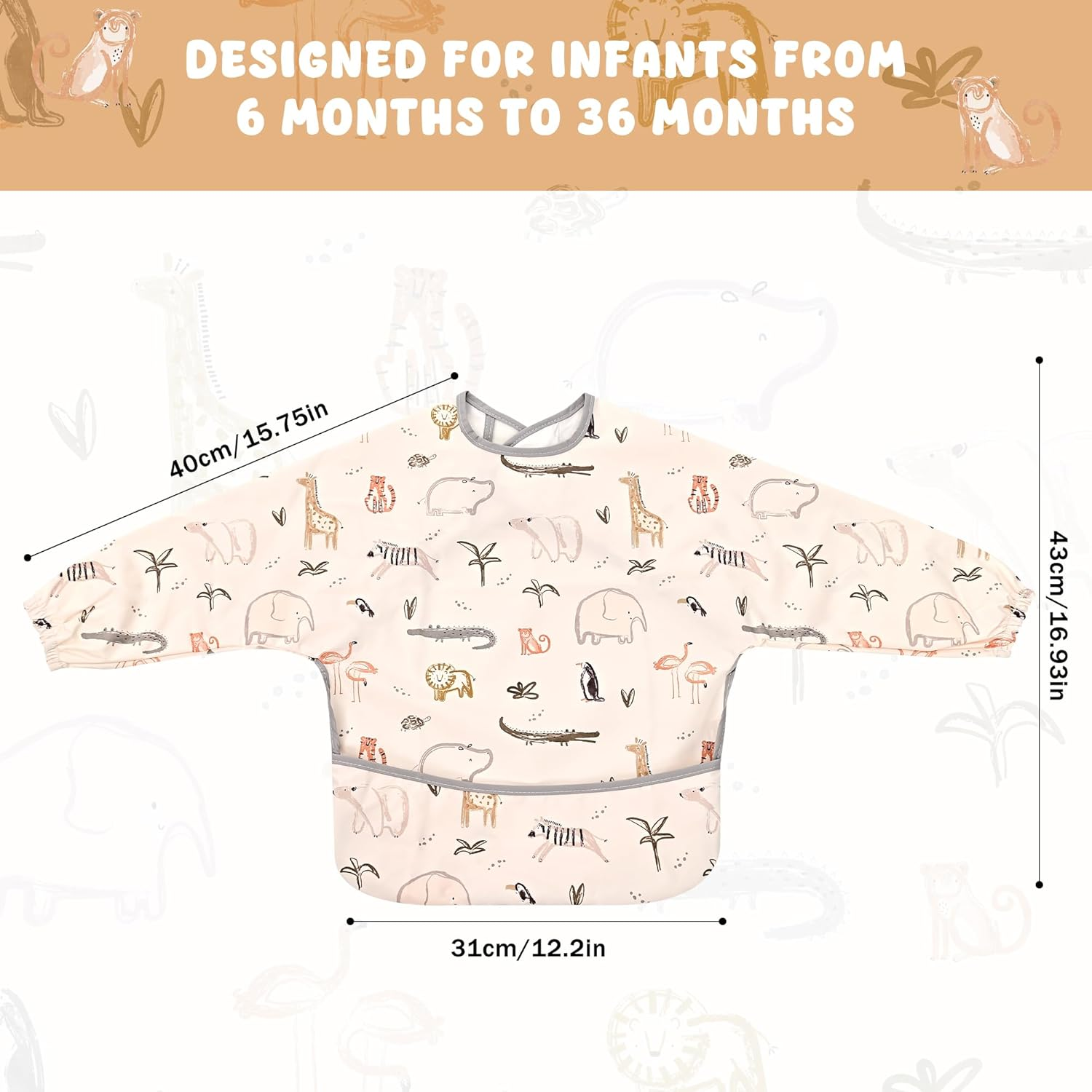 Little Dimsum Mess-Proof Baby Bibs|Infant Toddler Long Sleeve Waterproof Feeding Smock|Catching Food & Wipe Clean(Zoo) - Coconut Tree image number 7