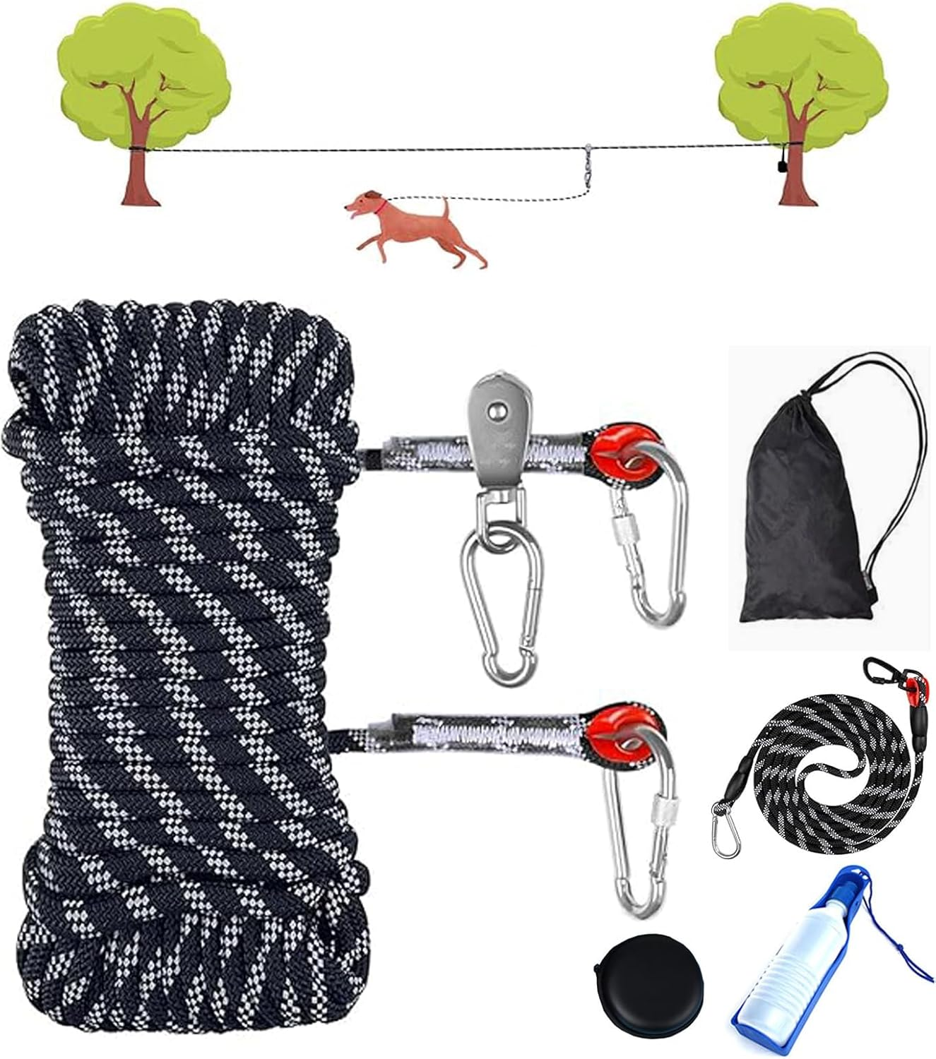 Dog Tie Out Cable for Camping,15M Portable Overhead Trolley System with 3M Runner Lead for Dogs up to 200Lbs，Portable Reflective Dog Lead Line for Yard, Park and Outdoor image number 1