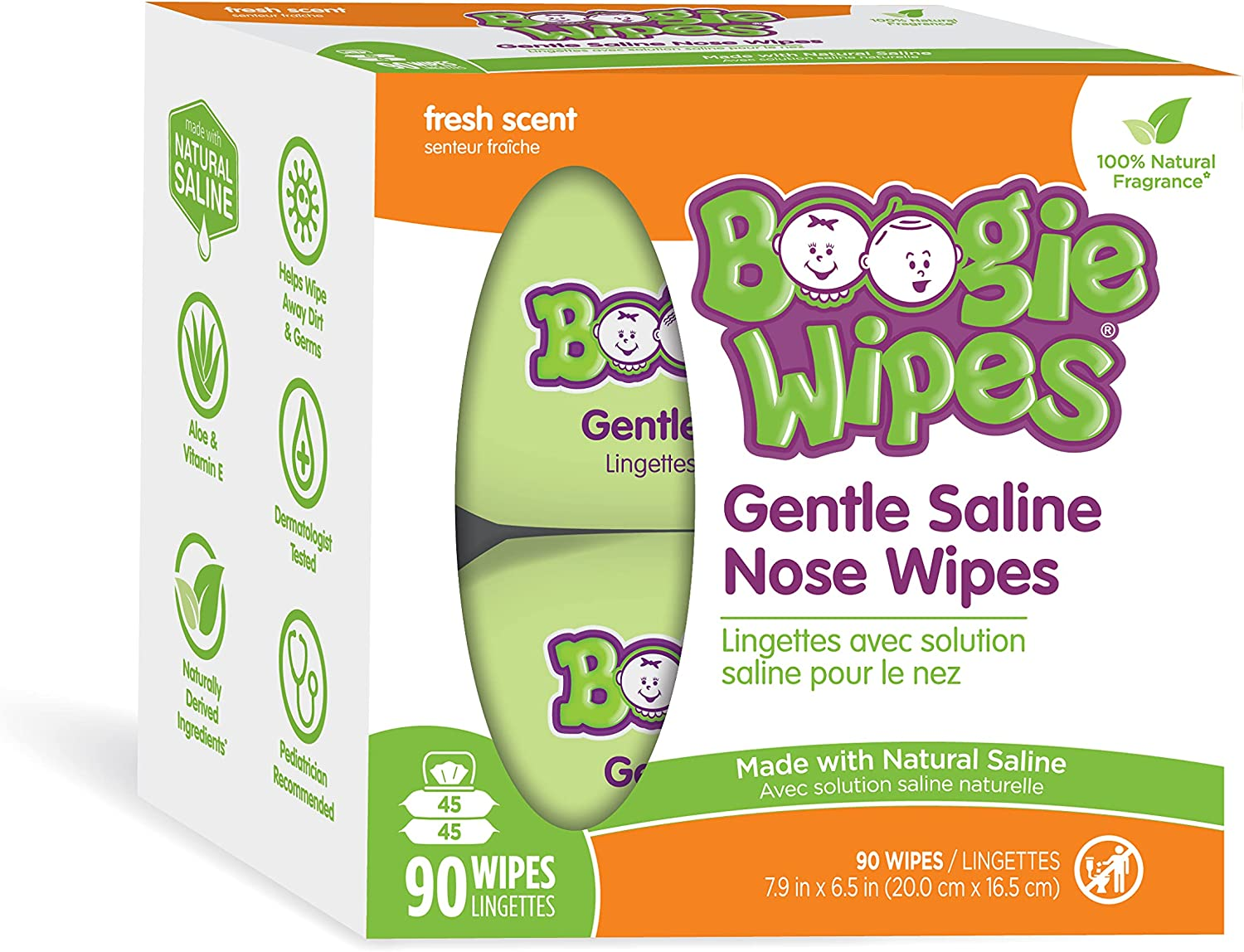 Saline Nose Wipes by Boogie, for Baby & Kids, Face, Hand & Body, FSA/HSA Eligible, Made with Vitamin E, Aloe, and Natural Saline, Fresh Scent, 45 Count (Pack of 2) image number 3