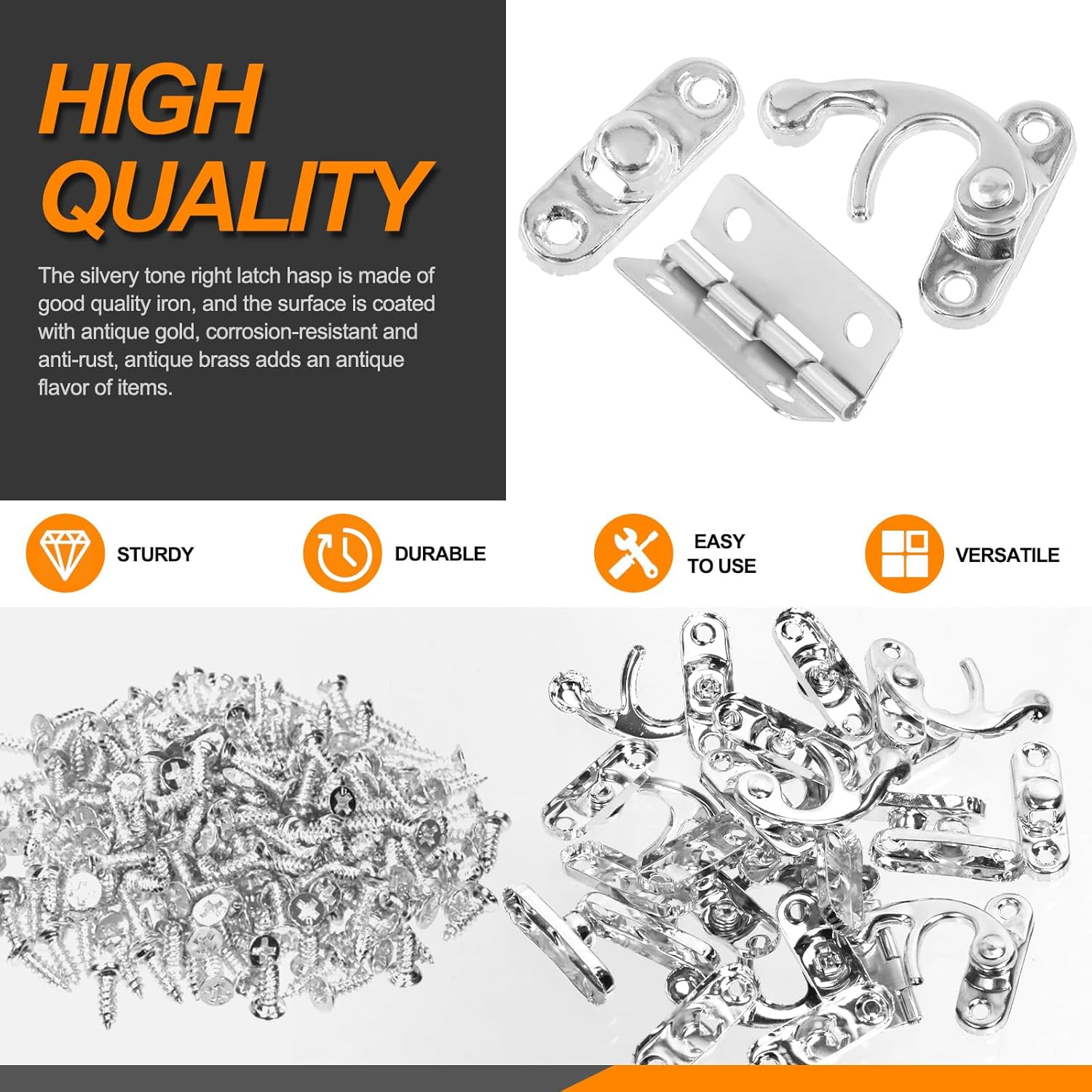 20 Sets Silver Antique Small Box Hinges Right Latch Hook Hasp Horn Lock Jewelry Box Hardware Antique Brass Latch Hook Clasp Mini Hinges for DIY Crafts Jewelry Wooden Box - Silver image number 6