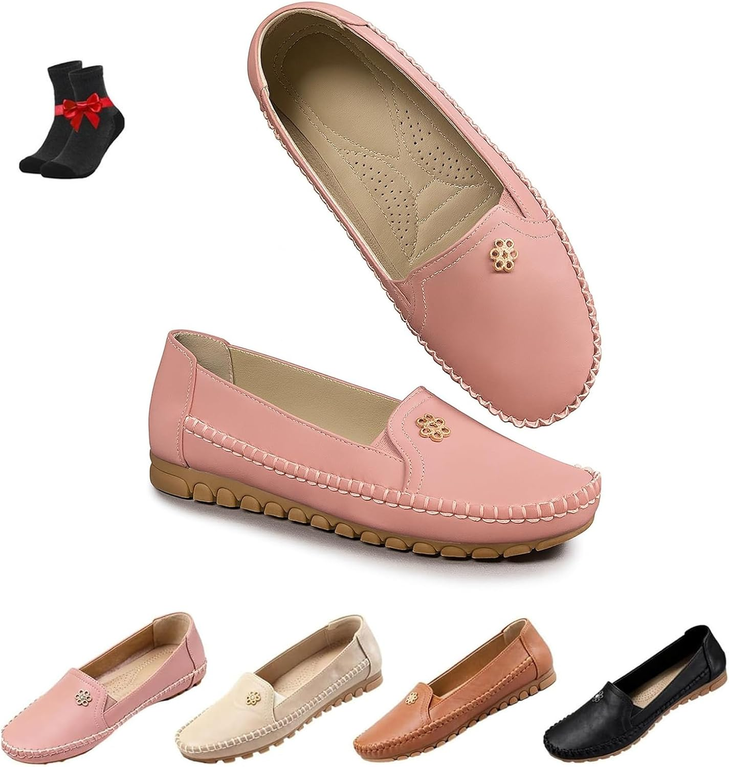 Orthopedic Leather Shoes，Womens Slip-On Walking Flats Loafers Business Casual Shoes for Work Driving