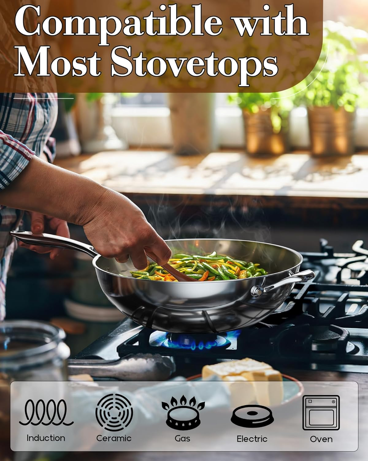 Cooks Standard Wok Pan Stainless Steel, 12-Inch Multi-Ply Clad Stir Fry Pan with Glass Lid, Induction Cookware, Silver image number 6