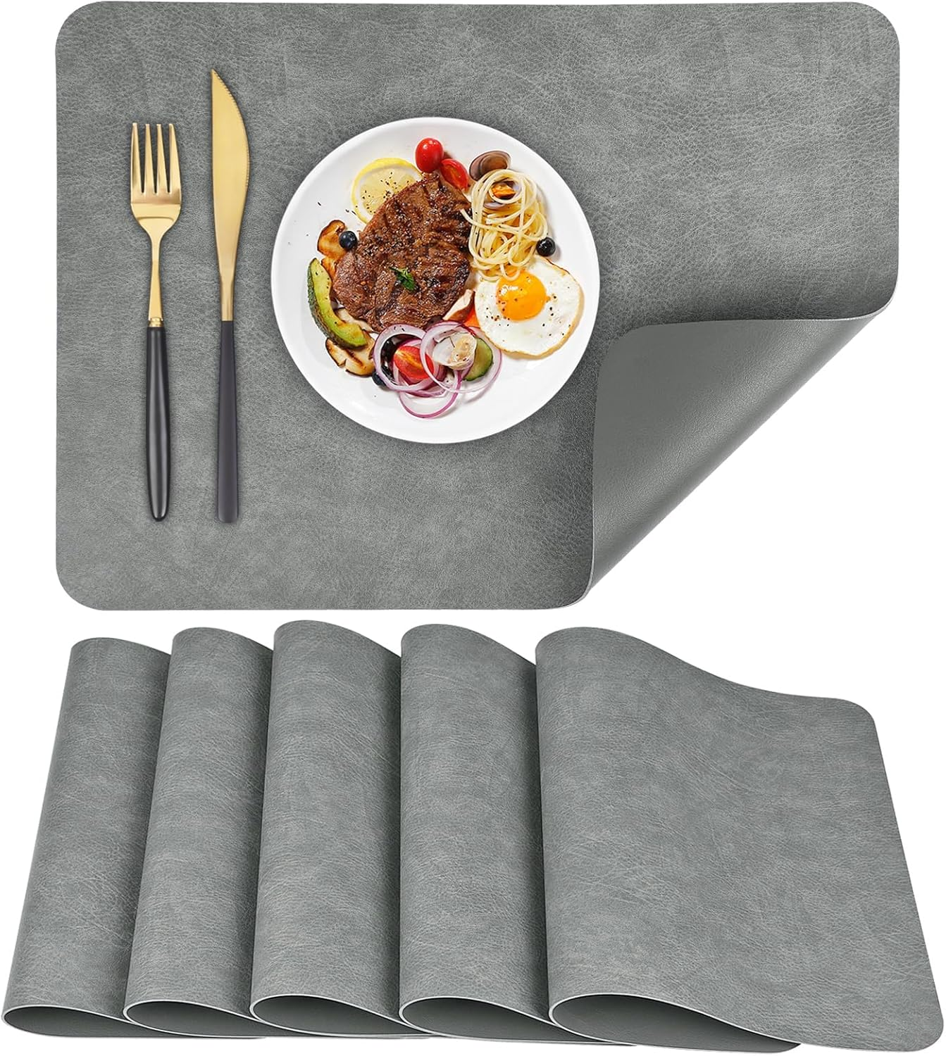 Faux Leather Placemats Set of 6 Table Mats 44.5 * 30Cm Heat Resistant Reversible Place Mats, Waterproof Wipeable Dining Table Place Mats for Home Party Outdoor (Grey) - Dark Green/Light Grey image number 4
