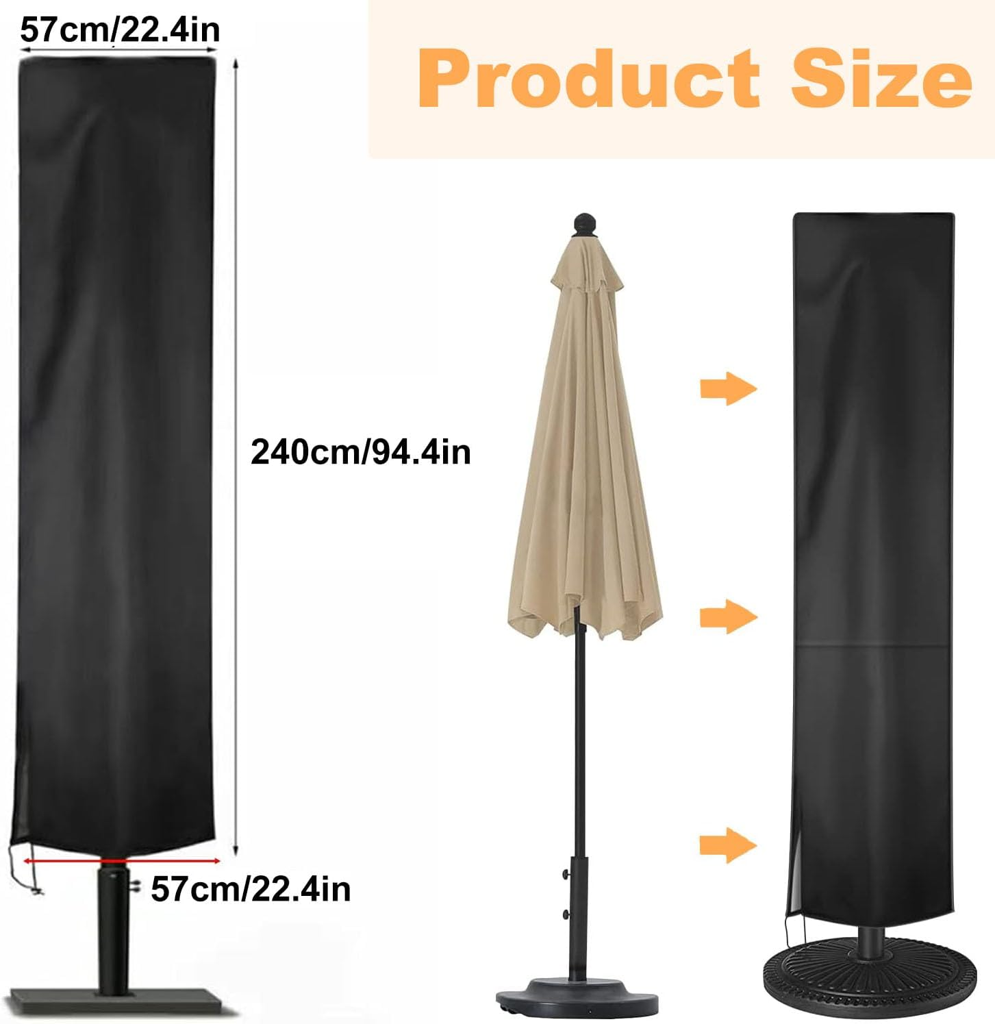 Patio Umbrella Cover, Black Waterproof Patio Parasol Covers with Zipper and Storage Bag, Outdoor Garden Windproof Anti-Uv Protective Cover Fit for 2-3M Outdoor Parasol (240X57X57Cm) image number 2