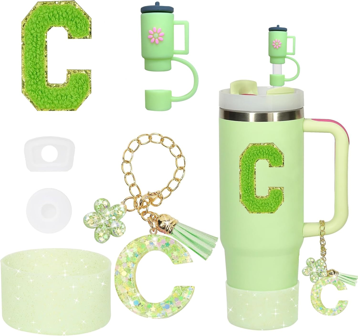 6PCS Cup Accessories Set for Stanley Cup 30Oz 40Oz Tumbler with Handle, Including Silicone Straw Topper Cover Cap and Boot, Spill Proof Stopper, Handle Charm, Initials Sticker(Green S)