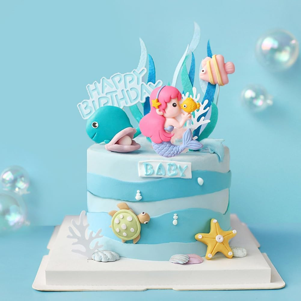 Mermaid Cake Topper Sea Cake Decorations Ocean Theme Birthday Cake Toppers Mermaid Starfish Seaweed Shells Whales Cake Toppers for Girl Kid Baby Birthday Party image number 3